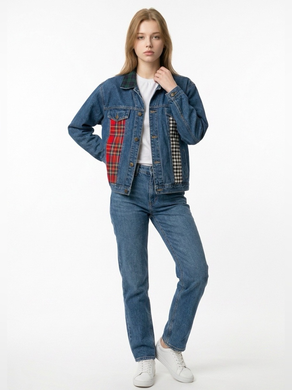 Patchwork Denim Jean Jacket with Plaid Accents Size Medium Blue